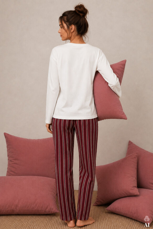Kadın Pamuklu Çizgili Desenli Baskılı Uzun Kollu Pijama Takımı Bordo - Ekru - XL