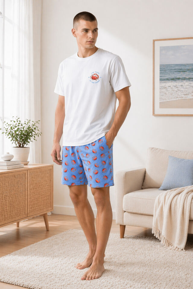 Erkek Pamuklu Mavi Yengeç Desenli Cepli Şortlu Pijama Takımı Ekru - Mavi - XL