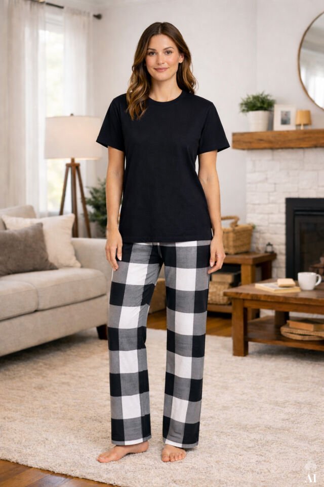 Kadın Kısa Kollu Pamuklu Ekose Desenli Pijama Takımı Siyah - L - Siyah - L