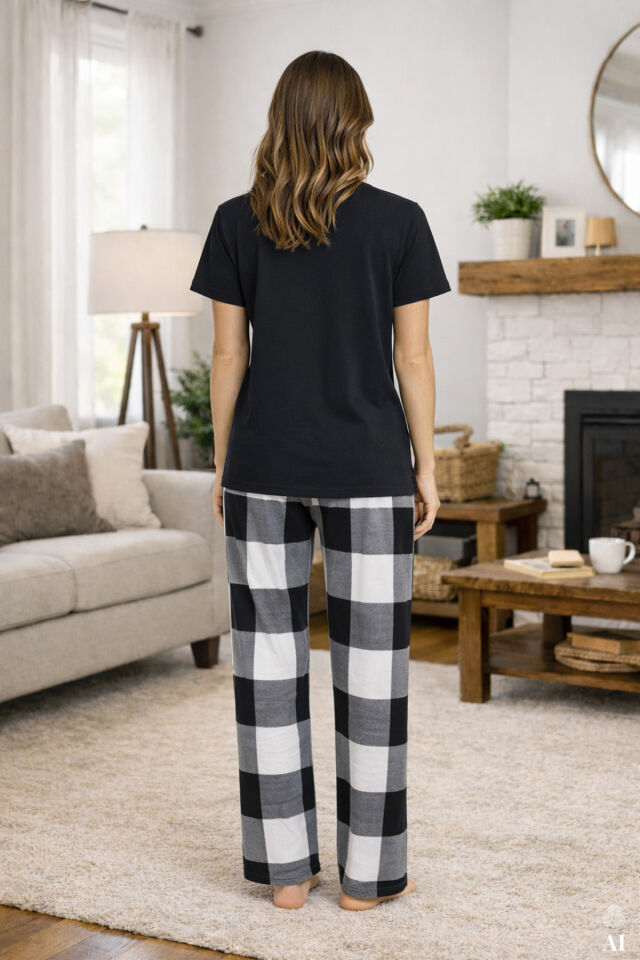 Kadın Kısa Kollu Pamuklu Ekose Desenli Pijama Takımı Siyah - L - Siyah - L