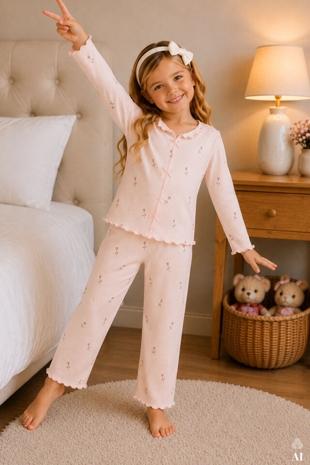 Kız Çocuk Pamuklu Uzun Kollu Fiyonk Desenli Fırfır ve Fiyonk Detaylı Pijama Takımı Pembe - 7-8 Yaş
