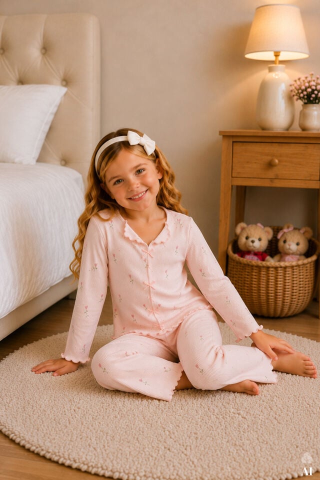 Kız Çocuk Pamuklu Uzun Kollu Fiyonk Desenli Fırfır ve Fiyonk Detaylı Pijama Takımı Pembe - 9-10 Yaş