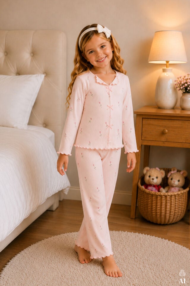Kız Çocuk Pamuklu Uzun Kollu Fiyonk Desenli Fırfır ve Fiyonk Detaylı Pijama Takımı Pembe - 9-10 Yaş