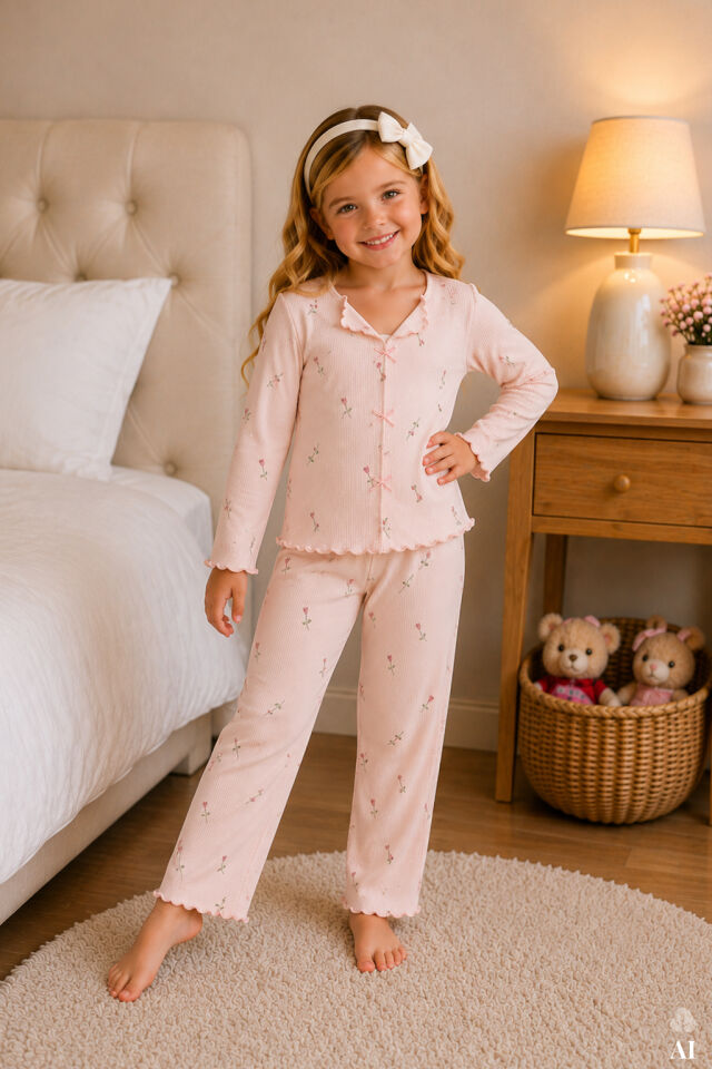 Kız Çocuk Pamuklu Uzun Kollu Fiyonk Desenli Fırfır ve Fiyonk Detaylı Pijama Takımı Pembe - 9-10 Yaş