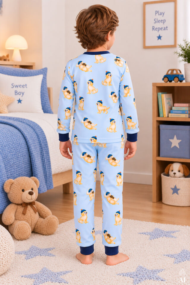 Erkek Çocuk 2'li Pamuklu Baskılı Uzun Kollu Uzun Alt Pijama Takımı Mavi - Sarı - 5-6 Yaş