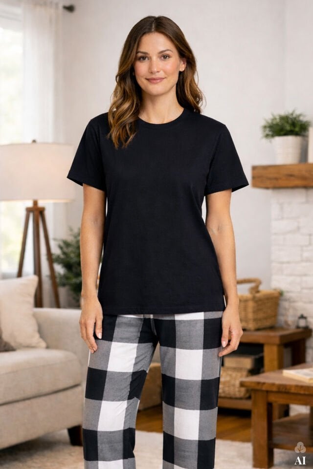 Kadın Kısa Kollu Pamuklu Ekose Desenli Pijama Takımı Siyah - S - Siyah - S