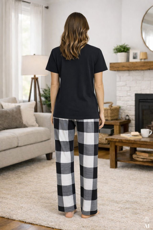 Kadın Kısa Kollu Pamuklu Ekose Desenli Pijama Takımı Siyah - S - Siyah - S