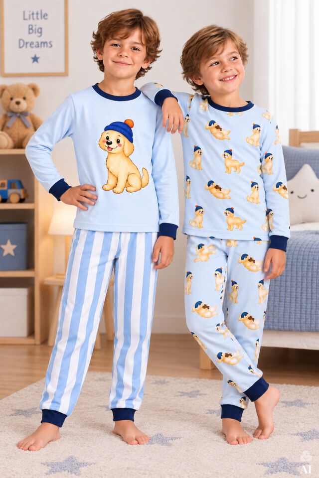 Erkek Çocuk 2'li Pamuklu Baskılı Uzun Kollu Uzun Alt Pijama Takımı Mavi - Sarı - 7-8 Yaş
