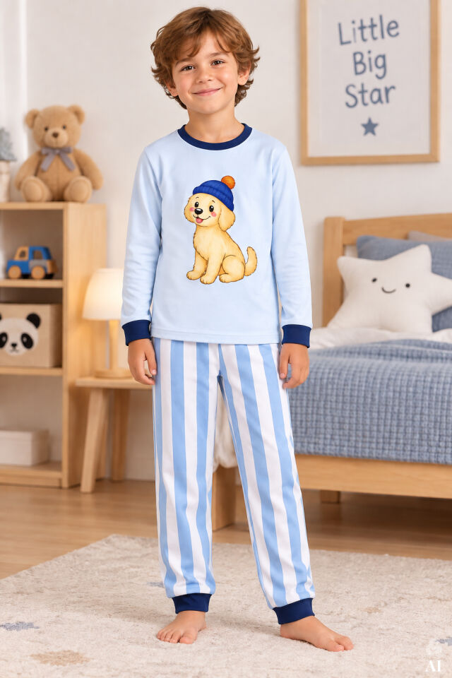 Erkek Çocuk 2'li Pamuklu Baskılı Uzun Kollu Uzun Alt Pijama Takımı Mavi - Sarı - 7-8 Yaş