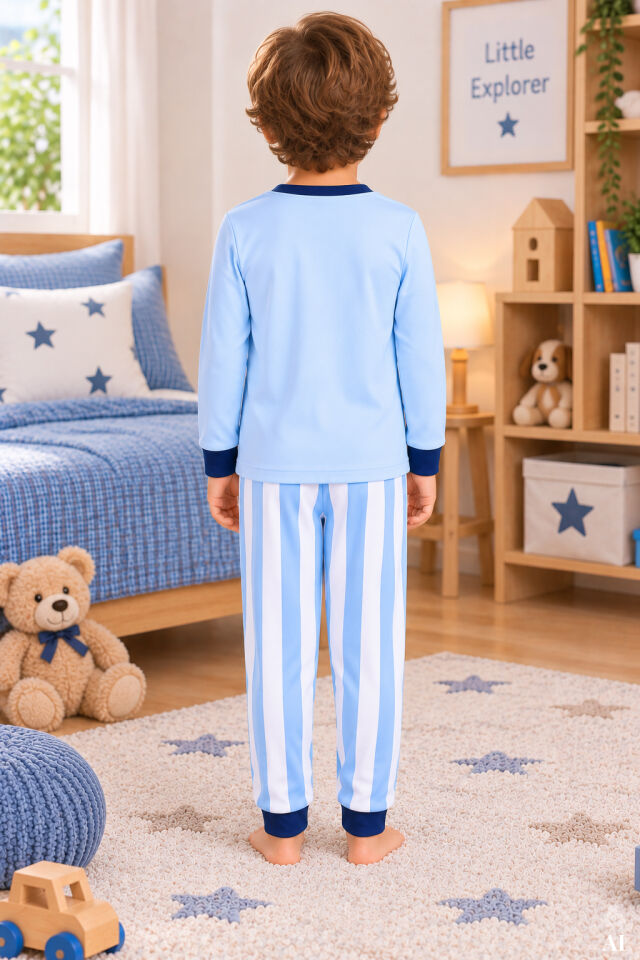 Erkek Çocuk 2'li Pamuklu Baskılı Uzun Kollu Uzun Alt Pijama Takımı Mavi - Sarı - 7-8 Yaş