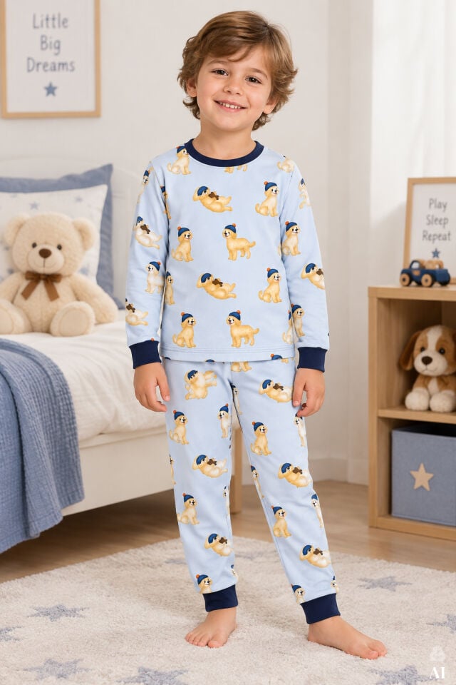 Erkek Çocuk 2'li Pamuklu Baskılı Uzun Kollu Uzun Alt Pijama Takımı Mavi - Sarı - 7-8 Yaş