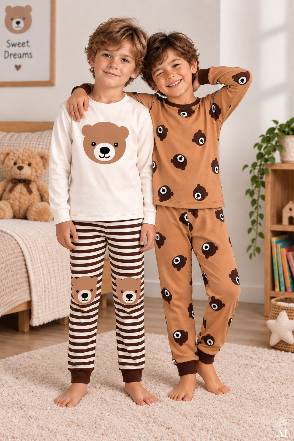 Erkek Çocuk 2'li Pamuklu Baskılı Uzun Kollu Uzun Alt Pijama Takımı Kahverengi - Ekru - 9-10 Yaş