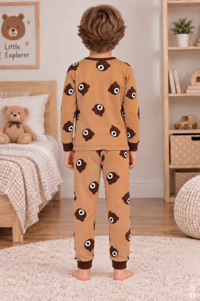 Erkek Çocuk 2'li Pamuklu Baskılı Uzun Kollu Uzun Alt Pijama Takımı Kahverengi - Ekru - 9-10 Yaş