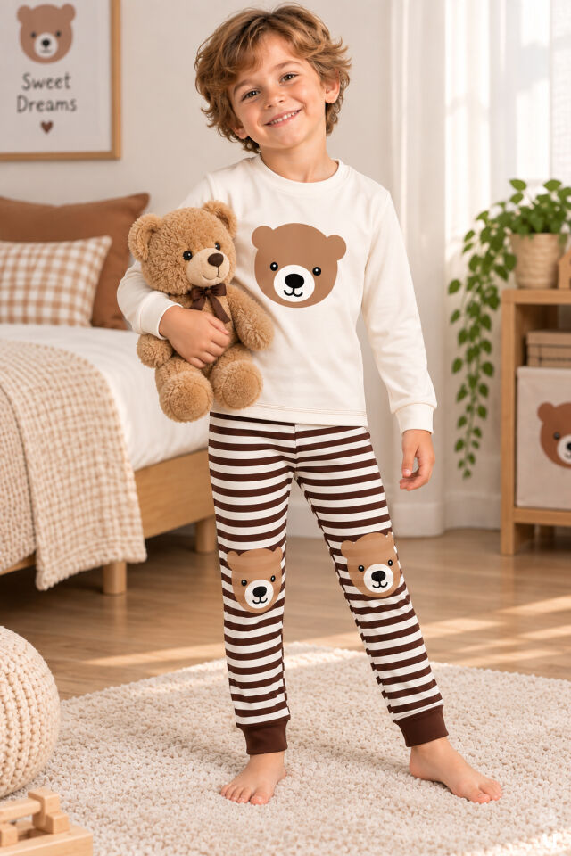 Erkek Çocuk 2'li Pamuklu Baskılı Uzun Kollu Uzun Alt Pijama Takımı Kahverengi - Ekru - 9-10 Yaş