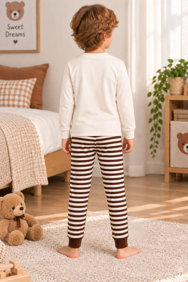 Erkek Çocuk 2'li Pamuklu Baskılı Uzun Kollu Uzun Alt Pijama Takımı Kahverengi - Ekru - 9-10 Yaş