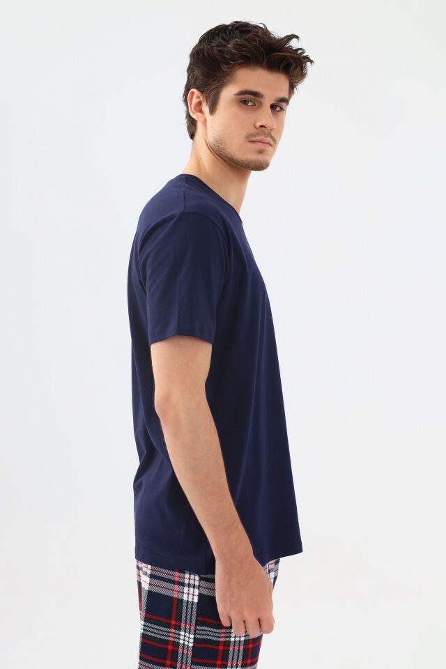 Erkek Kısa Kollu Ekose Desenli Pamuklu Pijama Takımı Lacivert - XL - Lacivert - XL