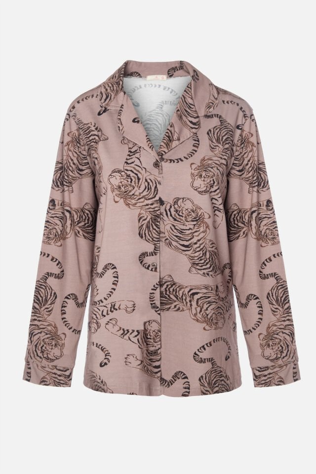 Kadın Pamuklu Kaplan Desenli Gömlek Yaka Uzun Kollu Pijama Takımı