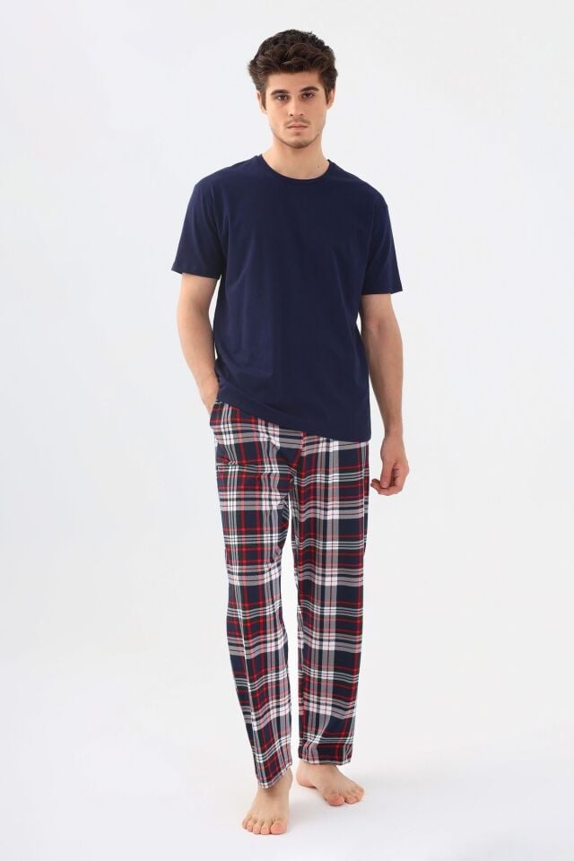 Erkek Kısa Kollu Ekose Desenli Pamuklu Pijama Takımı Lacivert - M - Lacivert - M