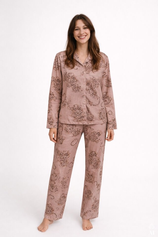 Kadın Pamuklu Kaplan Desenli Gömlek Yaka Uzun Kollu Pijama Takımı S - Vizon