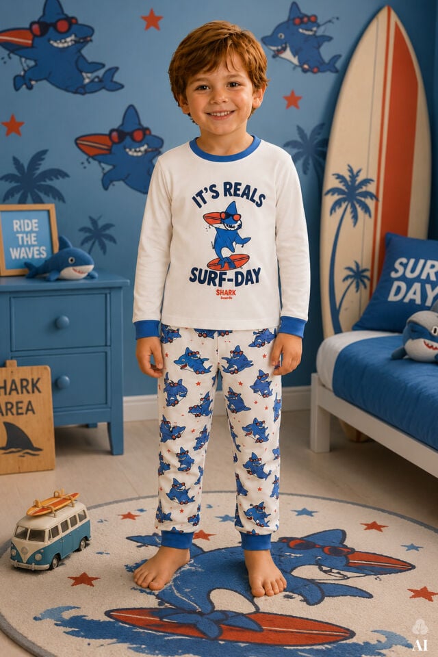 Erkek Çocuk Pamuklu Baskılı Uzun Kollu Uzun Alt Pijama Takımı Mavi - Beyaz - 9-10 Yaş