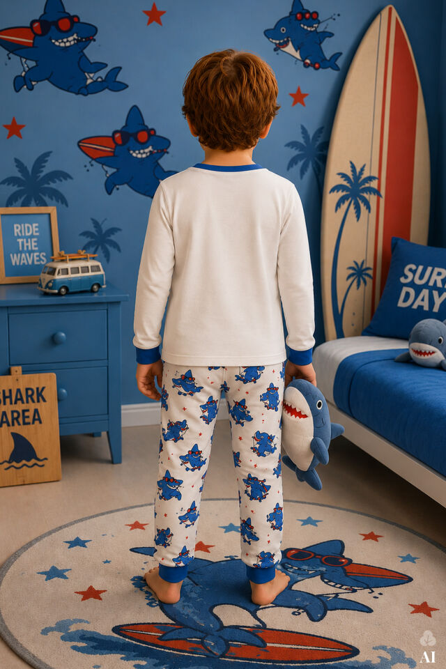 Erkek Çocuk Pamuklu Baskılı Uzun Kollu Uzun Alt Pijama Takımı Mavi - Beyaz - 9-10 Yaş