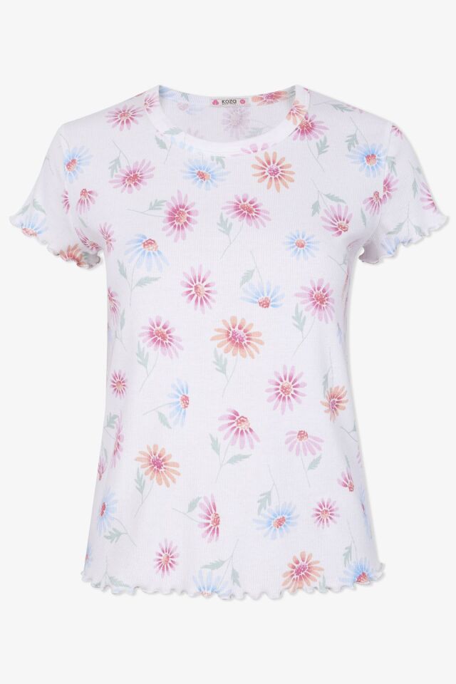 Kadın Pamuklu Baby Overloklu Çiçek Desenli Şortlu Pijama Takımı KO70114 Çiçek Desen - M - KO70114 Çiçek Desen - M