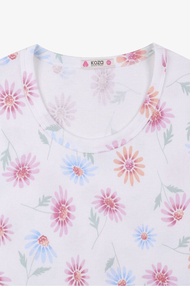 Kadın Pamuklu Baby Overloklu Çiçek Desenli Şortlu Pijama Takımı KO70114 Çiçek Desen - M - KO70114 Çiçek Desen - M