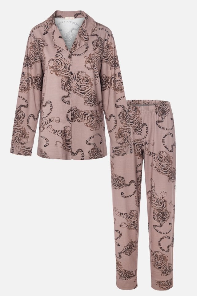 Kadın Pamuklu Kaplan Desenli Gömlek Yaka Uzun Kollu Pijama Takımı M - Vizon