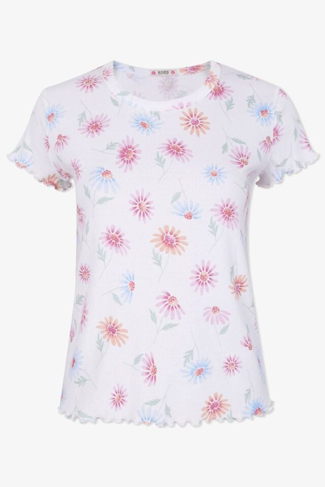 Kadın Pamuklu Baby Overloklu Çiçek Desenli Şortlu Pijama Takımı KO70114 Çiçek Desen - L - KO70114 Çiçek Desen - L