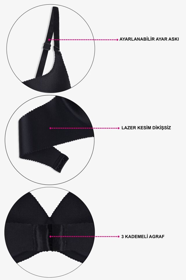 Kadın Seamless - Lazer Kesim Dikişsiz Push Up Ten Sütyen Siyah - 75B