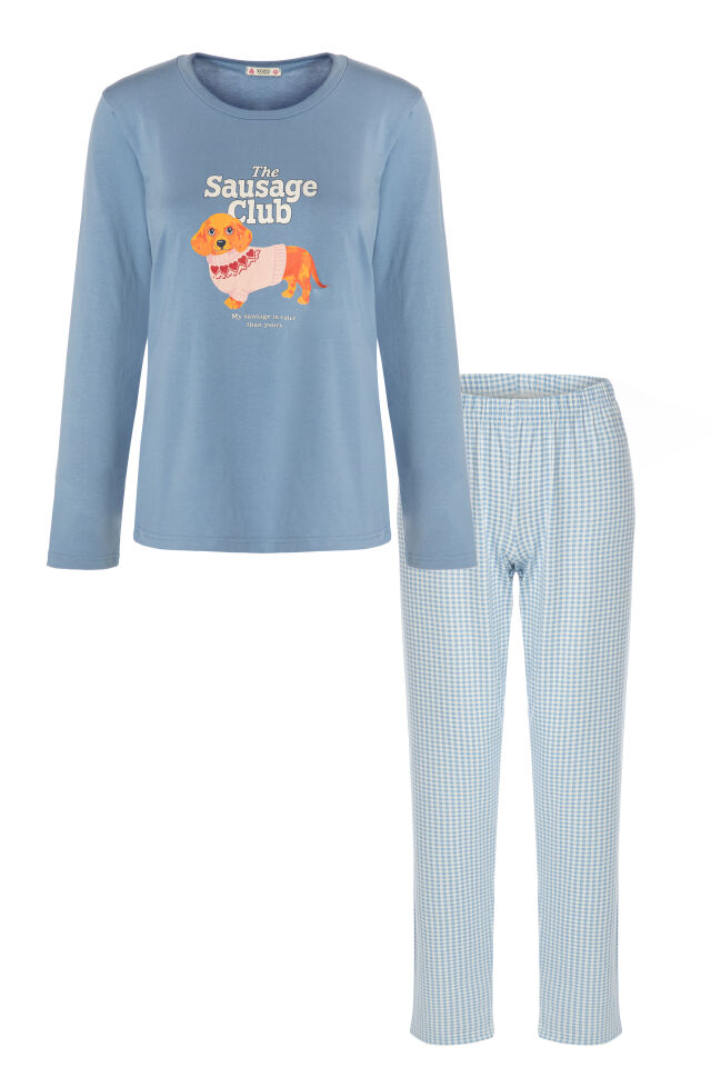 Kadın Pamuklu Uzun Kollu Köpek Baskılı Üst Ekose Desenli Alt Pijama Takımı Açık Mavi - L