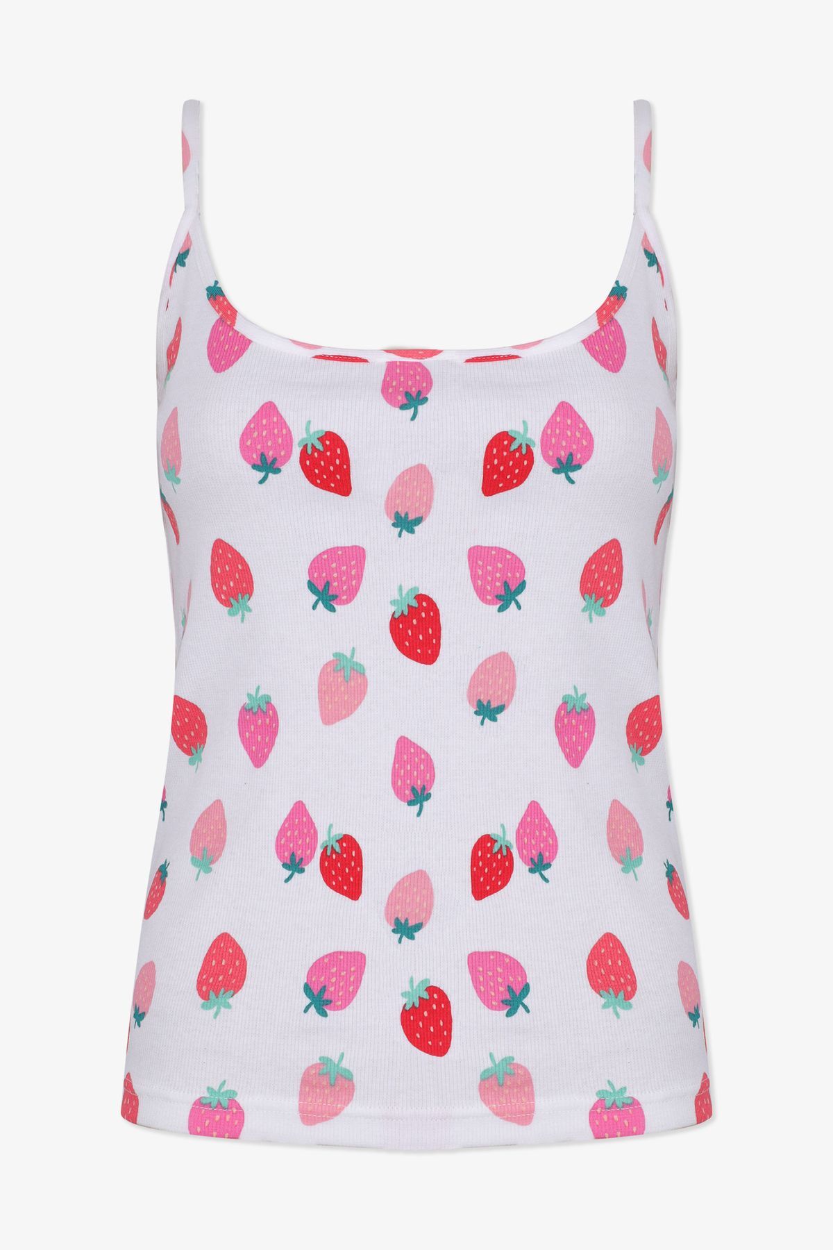 Kadın Pamuklu İp Askılı Çilek Desenli Şortlu Pijama Takımı KO70111 Çilek Desen - S - KO70111 Çilek Desen - S