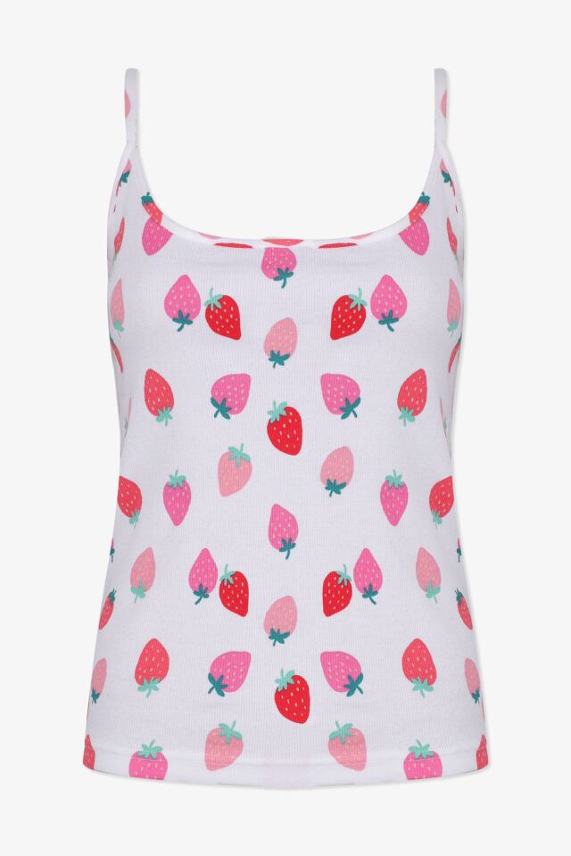 Kadın Pamuklu İp Askılı Çilek Desenli Şortlu Pijama Takımı KO70111 Çilek Desen - S - KO70111 Çilek Desen - S