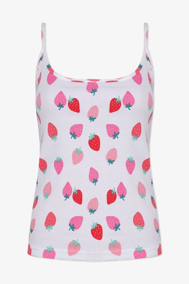 Kadın Pamuklu İp Askılı Çilek Desenli Şortlu Pijama Takımı KO70111 Çilek Desen - S - KO70111 Çilek Desen - S