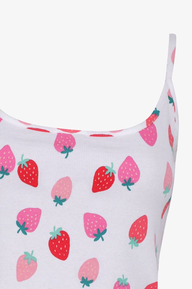 Kadın Pamuklu İp Askılı Çilek Desenli Şortlu Pijama Takımı KO70111 Çilek Desen - S - KO70111 Çilek Desen - S