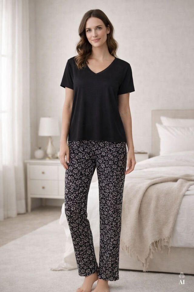 Kadın Viskon V Yaka Kısa Kollu Curve Pijama Takımı XL - Siyah