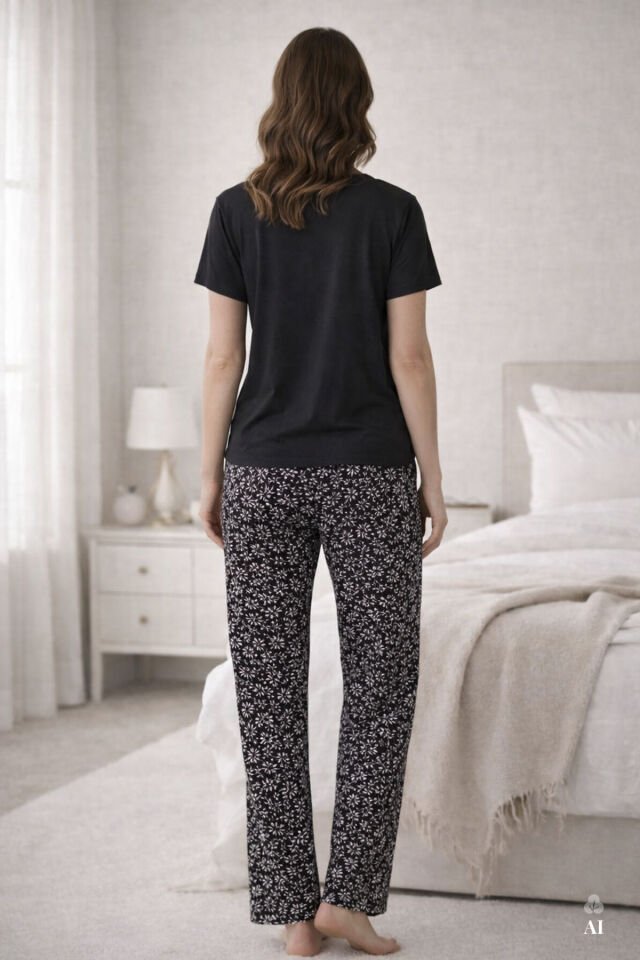 Kadın Viskon V Yaka Kısa Kollu Curve Pijama Takımı XL - Siyah