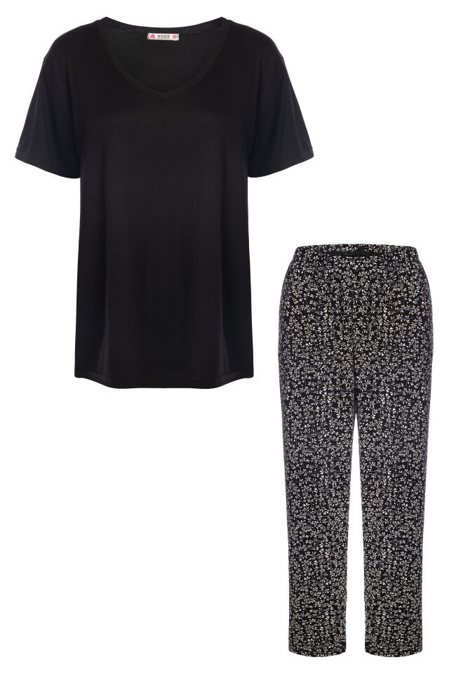 Kadın Viskon V Yaka Kısa Kollu Curve Pijama Takımı XL - Siyah