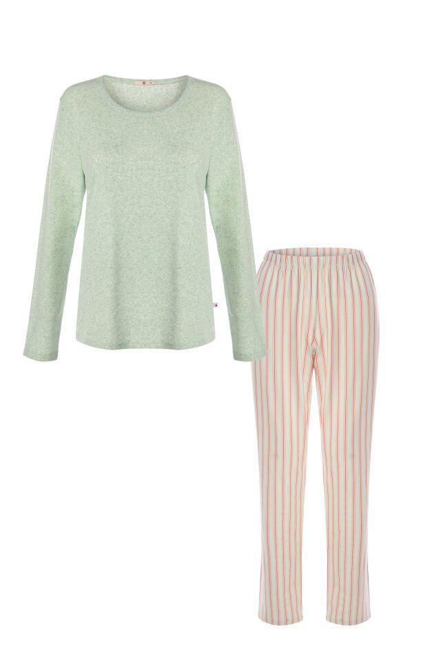 Kadın Pamuklu Kaşkorse Üst Etiket Detaylı Çizgili Pijama Takımı S