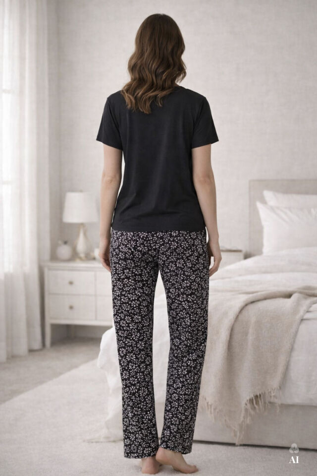 Kadın Viskon V Yaka Kısa Kollu Curve Pijama Takımı 2XL - Siyah