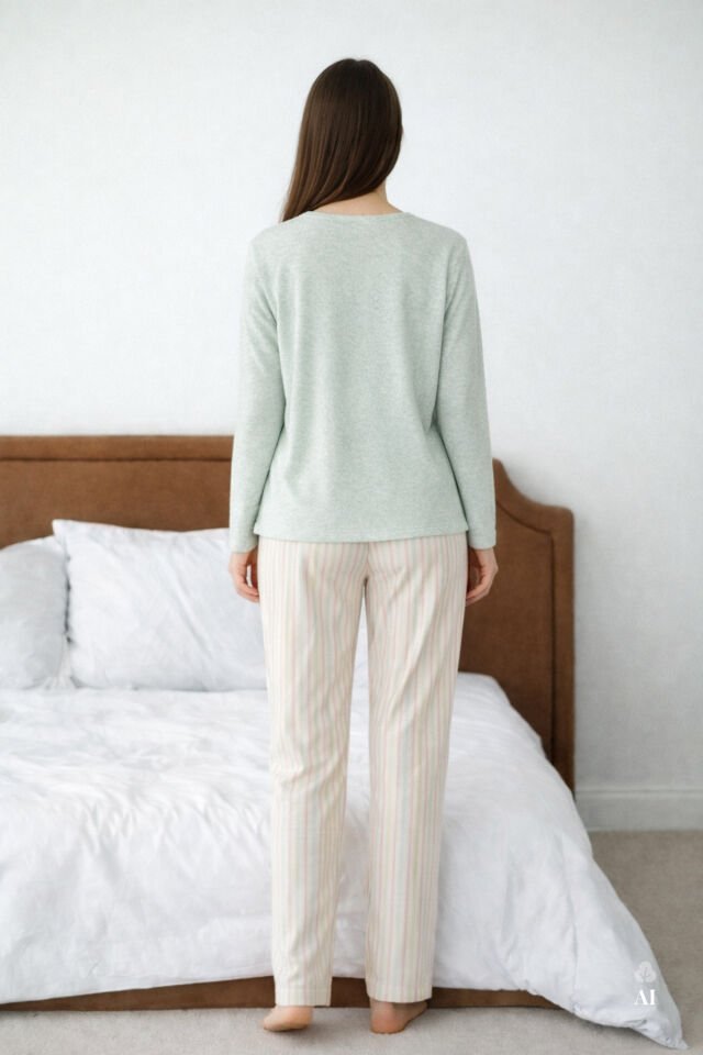 Kadın Pamuklu Kaşkorse Üst Etiket Detaylı Çizgili Pijama Takımı M