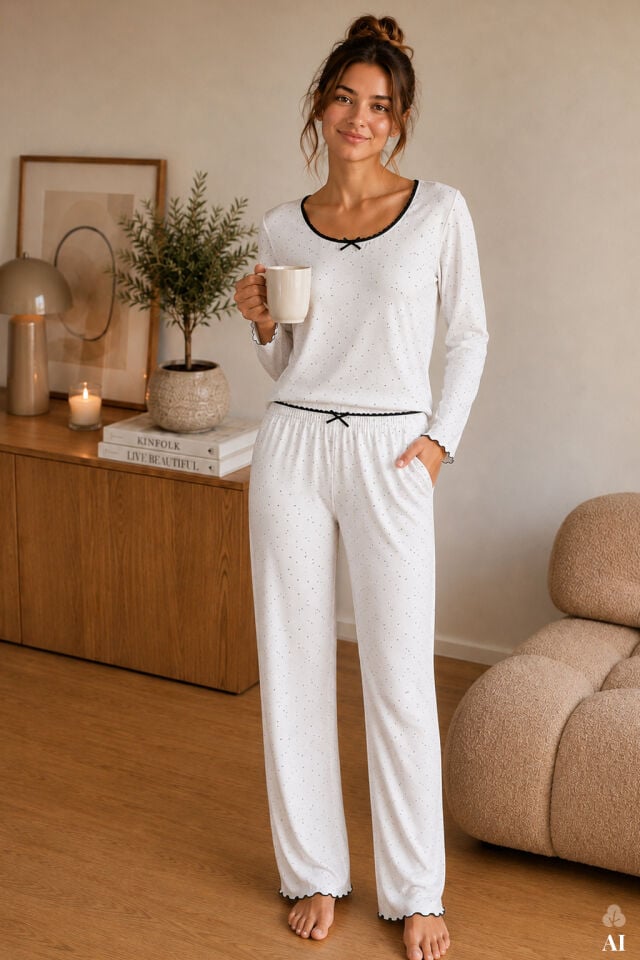 Kadın Pamuklu Uzun Kollu Kalıp Desenli Fiyonk Detaylı Pijama Takımı Siyah - Beyaz - XL