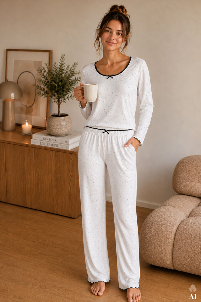 Kadın Pamuklu Uzun Kollu Kalıp Desenli Fiyonk Detaylı Pijama Takımı Siyah - Beyaz - XL