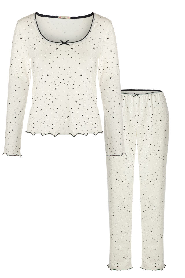 Kadın Pamuklu Uzun Kollu Kalıp Desenli Fiyonk Detaylı Pijama Takımı Siyah - Beyaz - XL