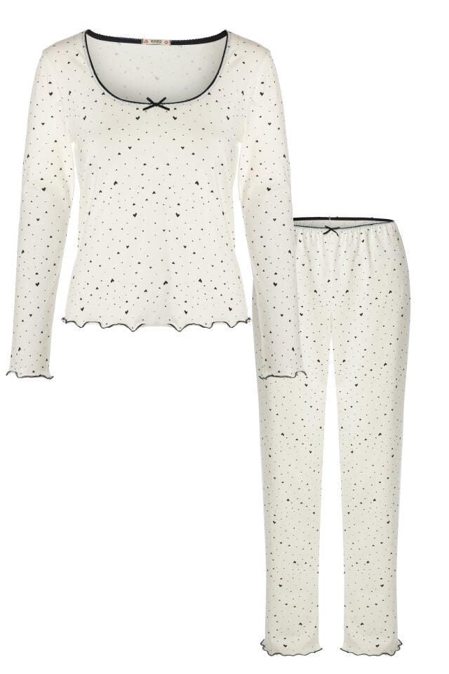 Kadın Pamuklu Uzun Kollu Kalıp Desenli Fiyonk Detaylı Pijama Takımı Siyah - Beyaz - XL
