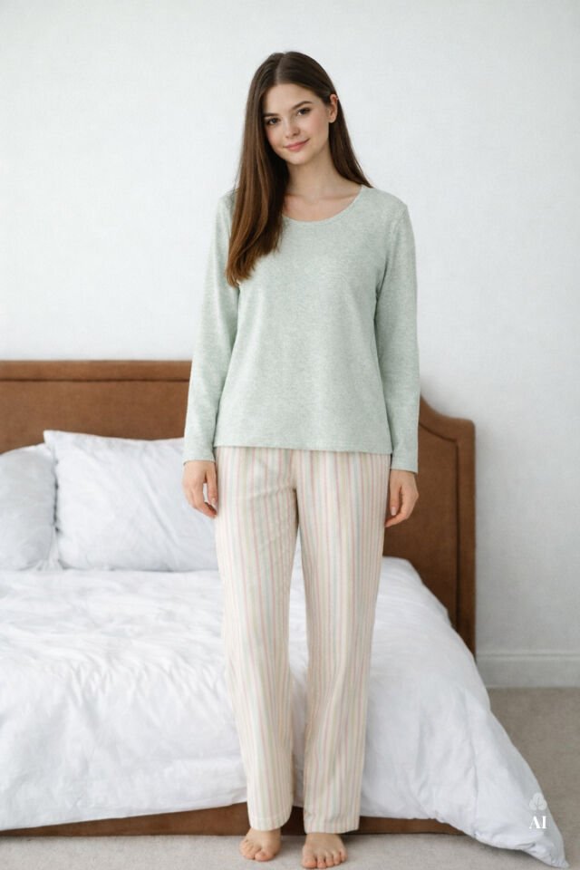 Kadın Pamuklu Kaşkorse Üst Etiket Detaylı Çizgili Pijama Takımı L