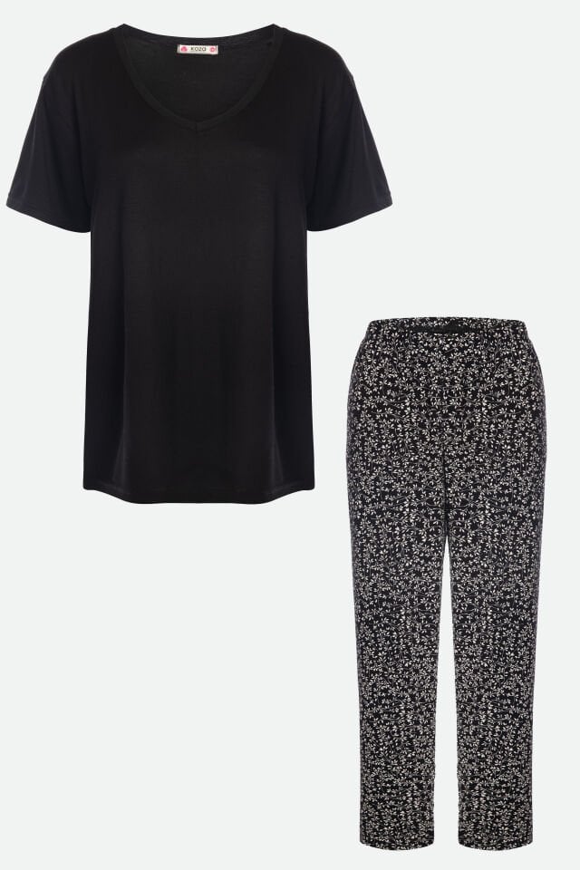 Kadın Viskon V Yaka Kısa Kollu Curve Pijama Takımı 3XL - Siyah