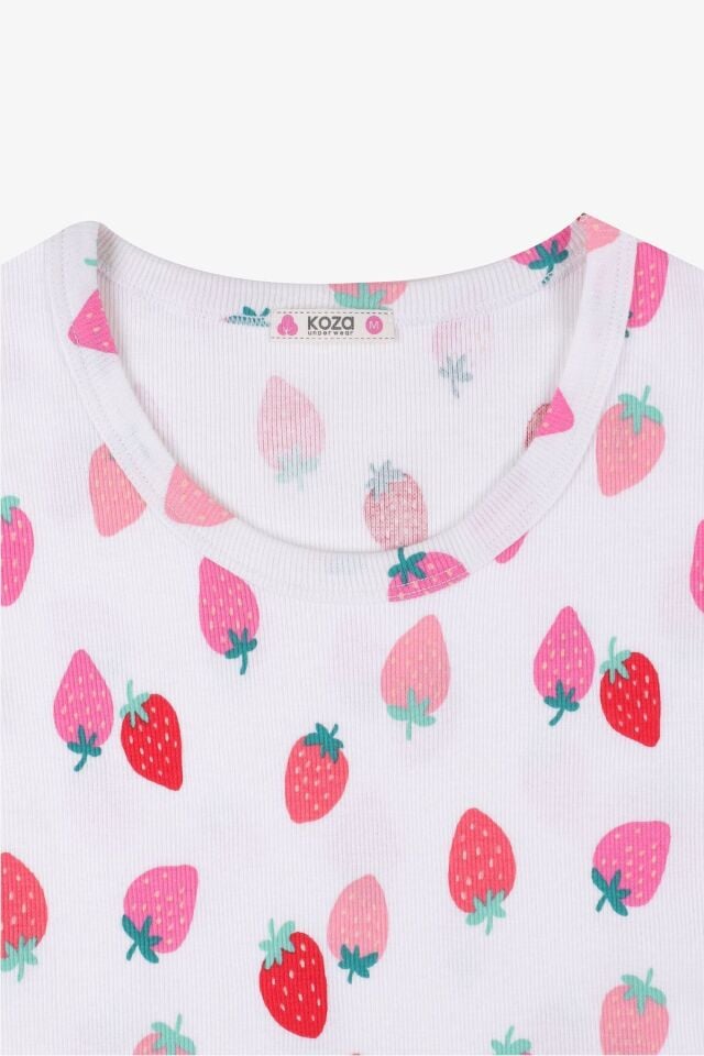 Kadın Pamuklu Kısa Kollu Baby Overloklu Çilek Desenli Şortlu Pijama Takımı KO70110 Çilek Desen - S - KO70110 Çilek Desen - S