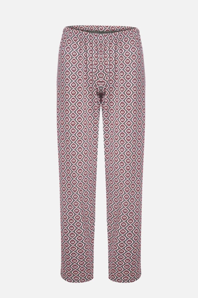Kadın Pamuklu V Yaka Biye Detaylı Alt Desenli Uzun Kollu Pijama Takımı S - Pudra - Kahverengi