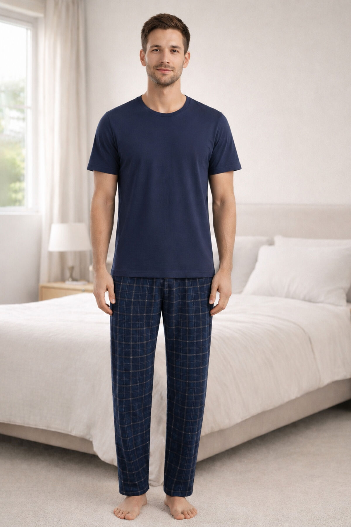 Erkek Lacivert Kısa Kollu Ekose Desenli Pamuklu Pijama Takımı Lacivert - M
